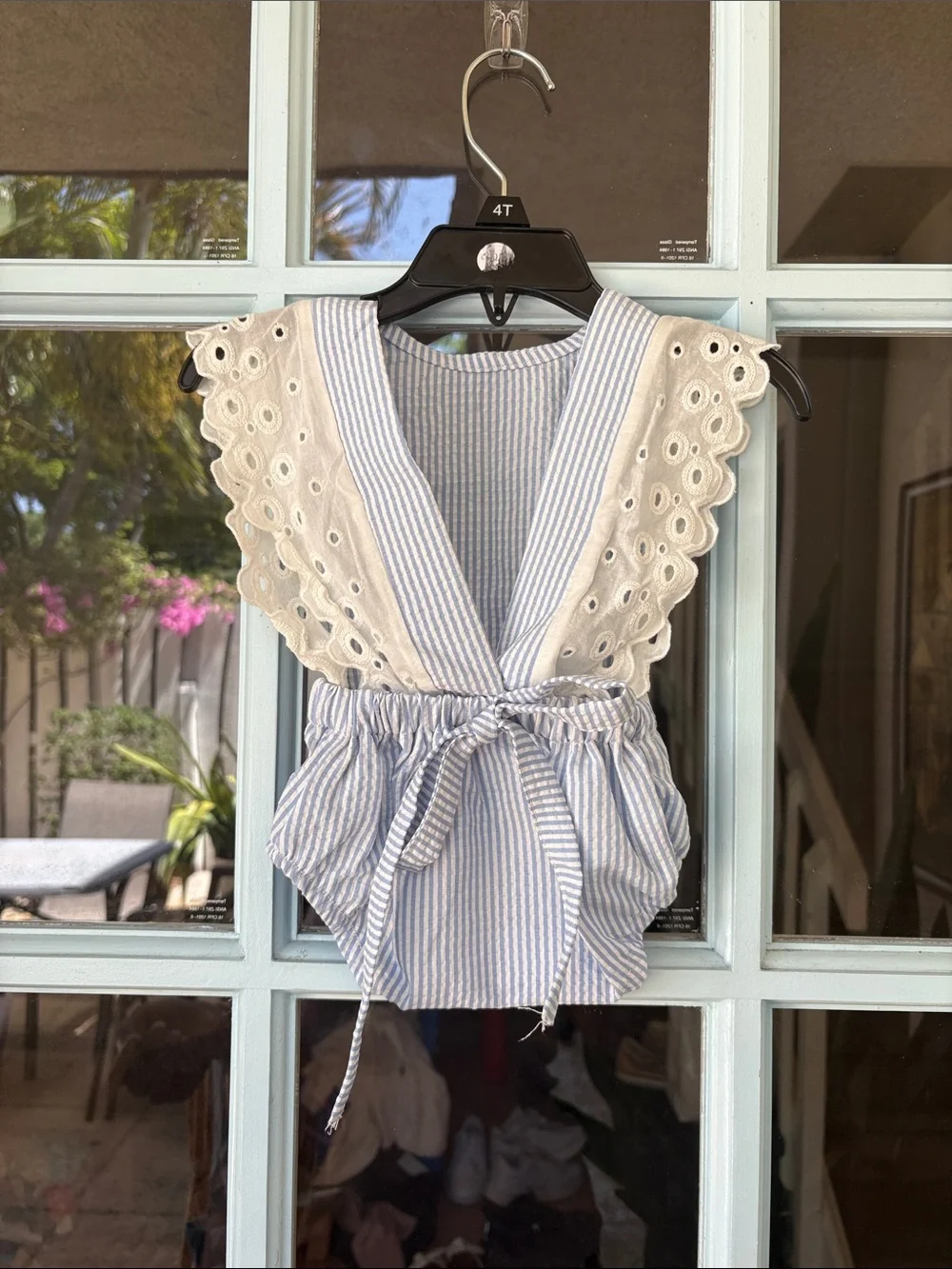Blue & White Striped Baby Romper with Eyelet Ruffle Sleeves